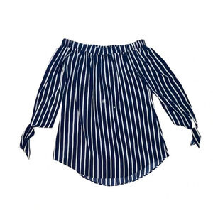 Rhapsody Off The Shoulder Striped Top Navy White Tie Sleeve Shirt Dress Large